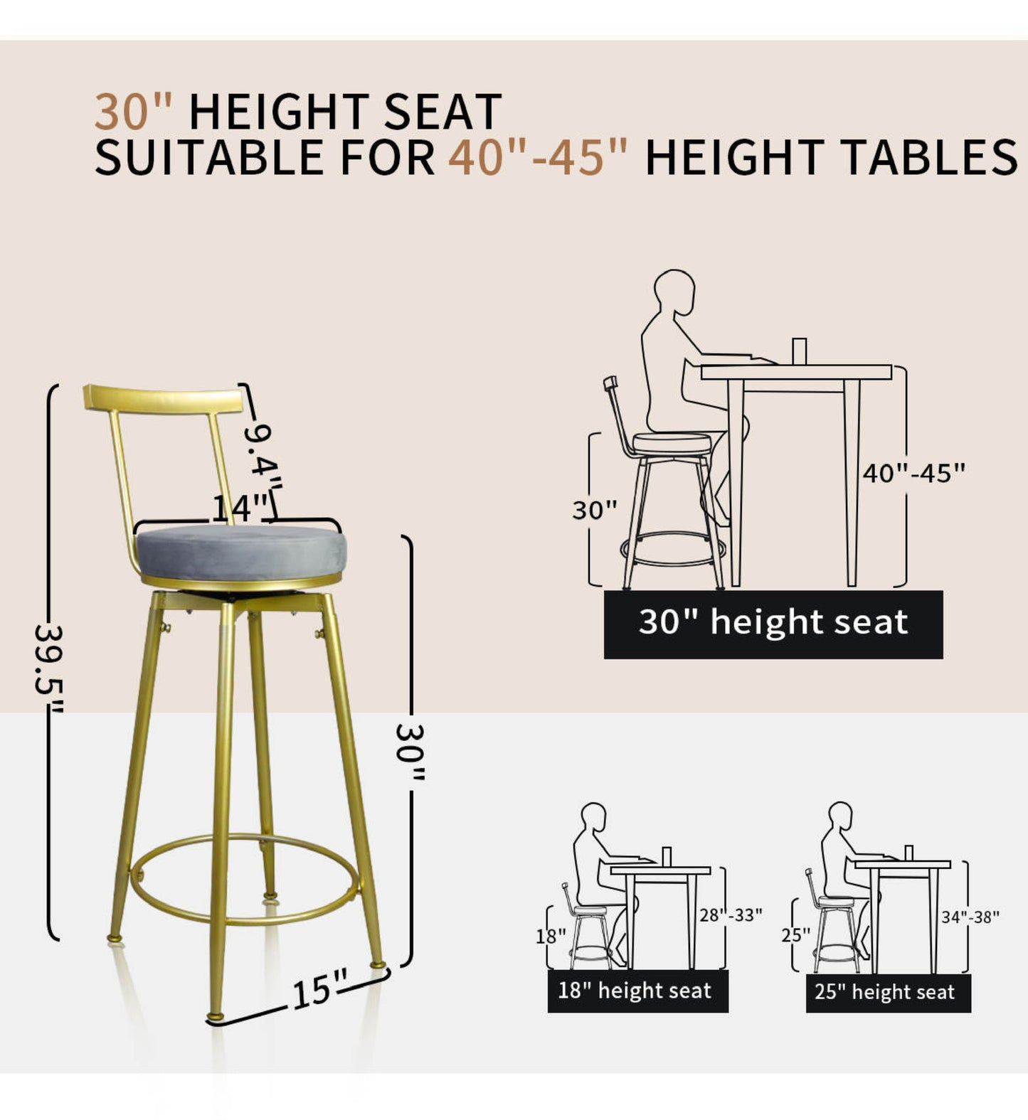 SwivelEasy Barstool Stool Set of 4 Upholstered in Celestial Grey Gold- Bar height Barstools for Kitchen Island