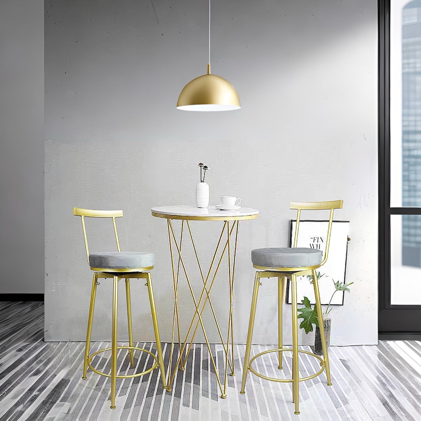 SwivelEasy Barstool Stool Set of 4 Upholstered in Celestial Grey Gold- Bar height Barstools for Kitchen Island
