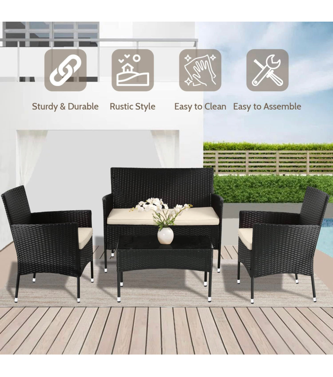 Brand New- 4-Piece Wicker Patio Conversation Set With Table - Outdoor Furniture set